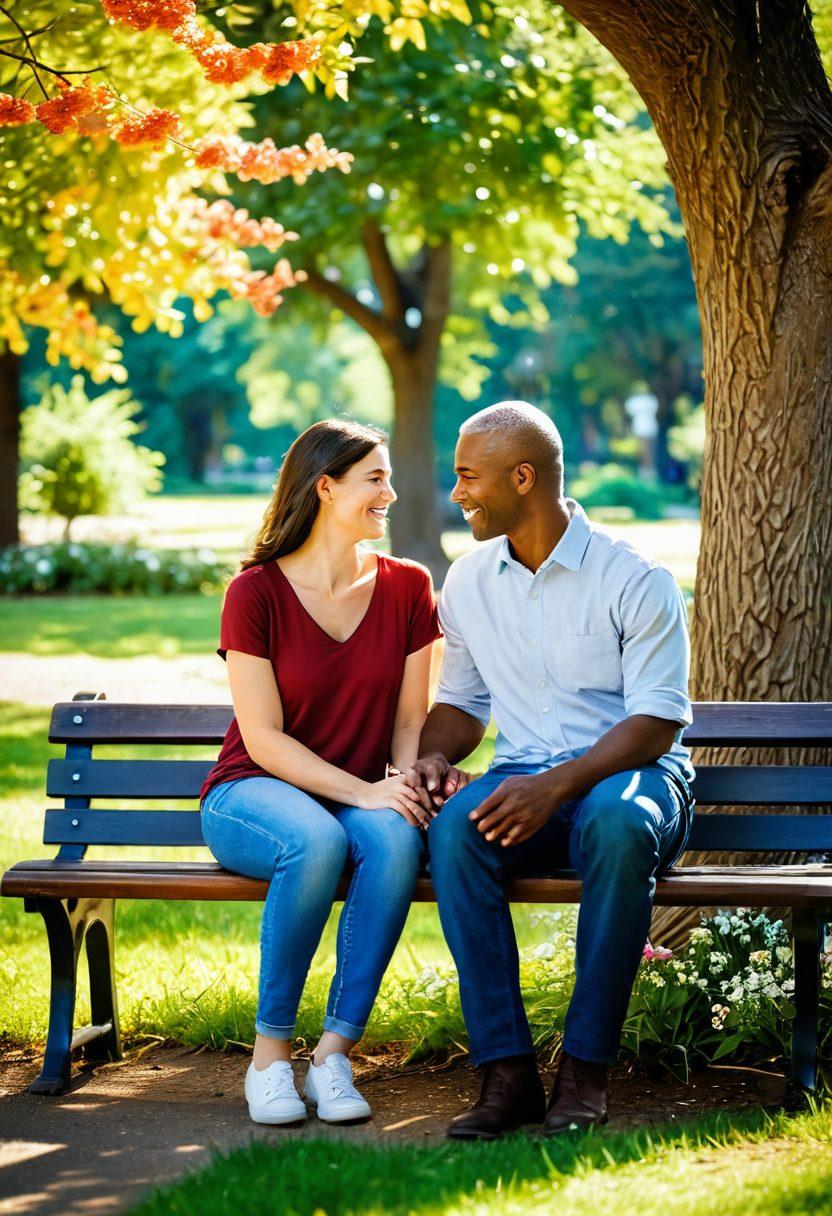 A warm and inviting scene of a couple sitting on a park bench, sharing a heartfelt moment, surrounded by blooming flowers and soft sunlight filtering through the trees. Emphasize their joyful expressions and open body language, symbolizing connection and intimacy. In the background, hints of diverse couples engaging in meaningful conversations can be subtly included. The atmosphere should feel uplifting and inspiring. vibrant colors. super-realistic.