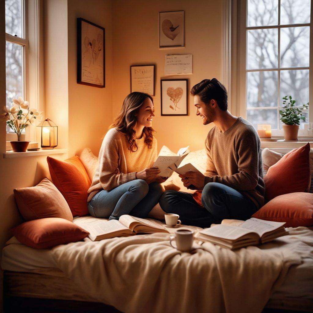 A couple sitting together in a cozy, warmly-lit room, sharing an intimate conversation over coffee, surrounded by soft pillows and a stack of love letters. Enhance the atmosphere with subtle heart motifs in the background and gentle, glowing light to symbolize emotional bonding. The image should evoke a sense of connection and communication, with visible warmth and affection. super-realistic. warm colors. cozy environment.