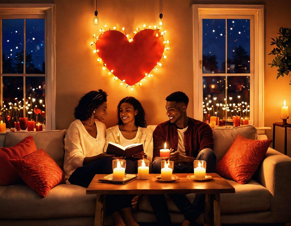 A couple sitting together on a cozy couch, deeply engaged in conversation with soft candlelight illuminating their faces, surrounded by heart-shaped decorations and a backdrop of warm, vibrant colors. The scene conveys intimacy and warmth, with a small table adorned with a romantic dinner setup. Illustrate an open notebook with handwritten tips on deeper connections beside them. super-realistic. vibrant colors. warm lighting.